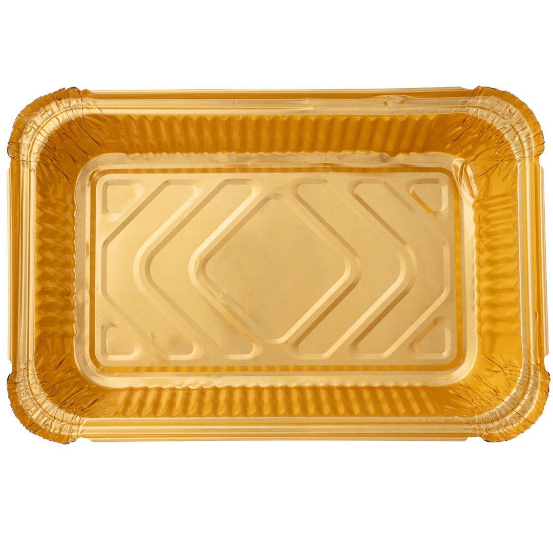Foil Lux 27 oz Rectangle Black and Gold Aluminum Container - 8 1/4" x 5 3/4" x 1 1/2" - 200 count box