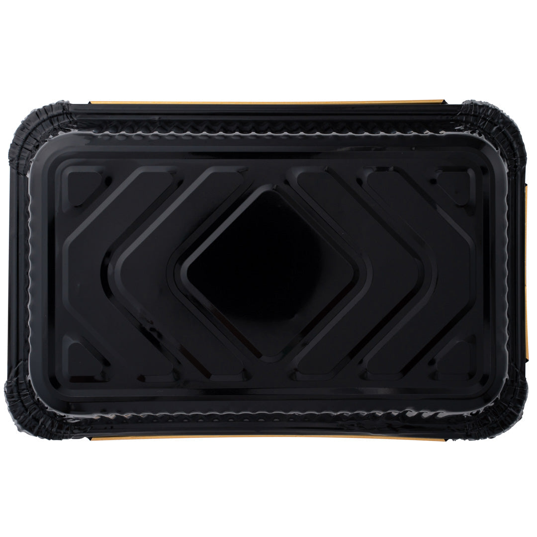 Foil Lux 27 oz Rectangle Black and Gold Aluminum Container - 8 1/4" x 5 3/4" x 1 1/2" - 200 count box