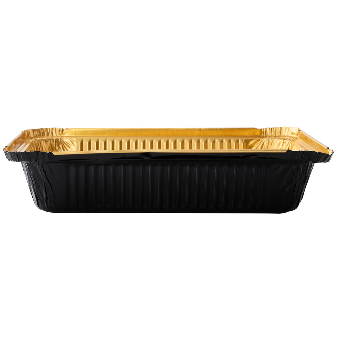 Foil Lux 27 oz Rectangle Black and Gold Aluminum Container - 8 1/4" x 5 3/4" x 1 1/2" - 200 count box