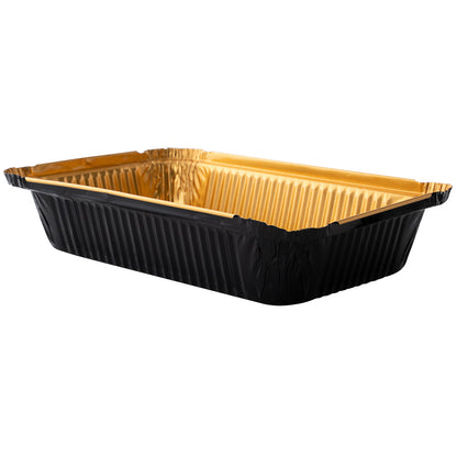 Foil Lux 27 oz Rectangle Black and Gold Aluminum Container - 8 1/4" x 5 3/4" x 1 1/2" - 200 count box