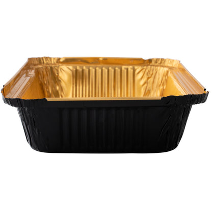 Foil Lux 27 oz Rectangle Black and Gold Aluminum Container - 8 1/4" x 5 3/4" x 1 1/2" - 200 count box