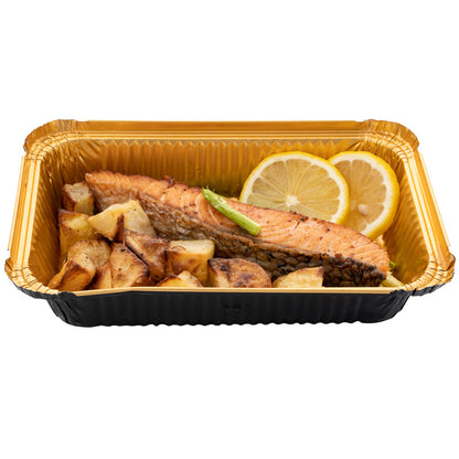 Foil Lux 27 oz Rectangle Black and Gold Aluminum Container - 8 1/4" x 5 3/4" x 1 1/2" - 200 count box