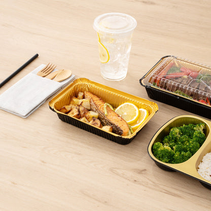 Foil Lux 27 oz Rectangle Black and Gold Aluminum Container - 8 1/4" x 5 3/4" x 1 1/2" - 200 count box