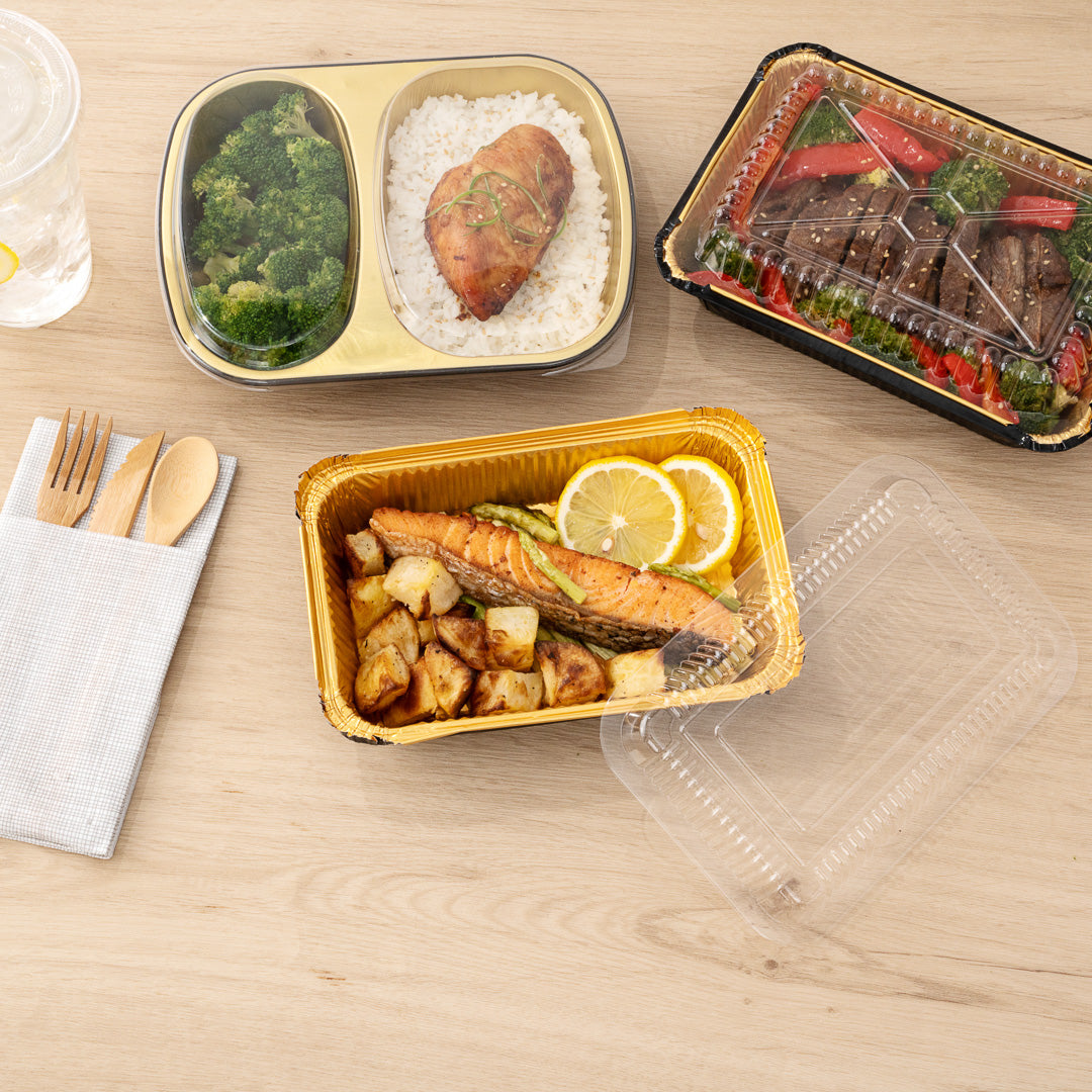 Foil Lux 27 oz Rectangle Black and Gold Aluminum Container - 8 1/4" x 5 3/4" x 1 1/2" - 200 count box