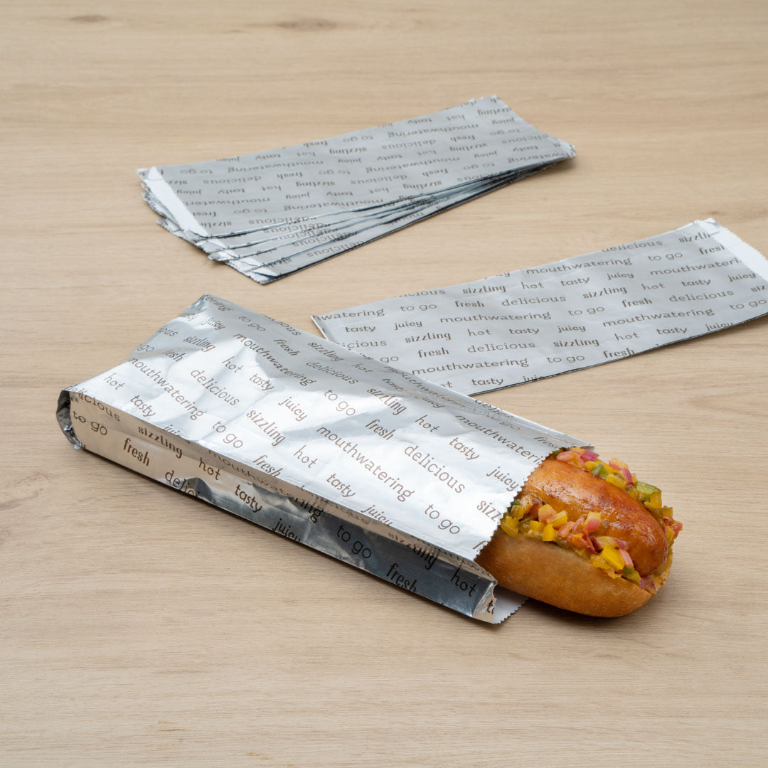 Bag Tek Paper Printed Small Hot Dog Foil Bag - 3 3/4" x 1 1/4" x 9" - 100 count box