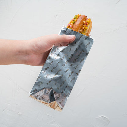 Bag Tek Paper Printed Small Hot Dog Foil Bag - 3 3/4" x 1 1/4" x 9" - 100 count box