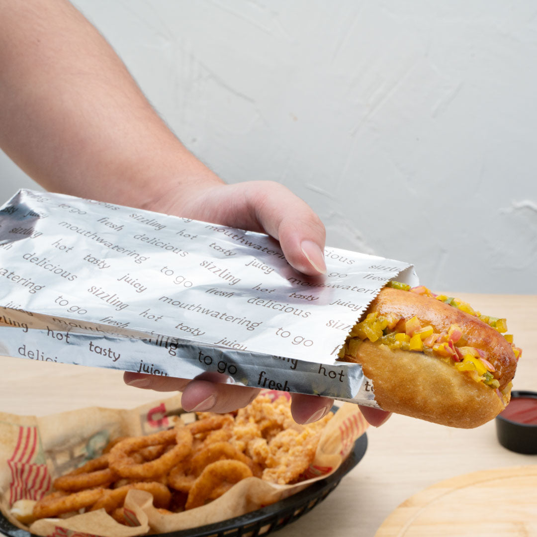 Bag Tek Paper Printed Small Hot Dog Foil Bag - 3 3/4" x 1 1/4" x 9" - 100 count box