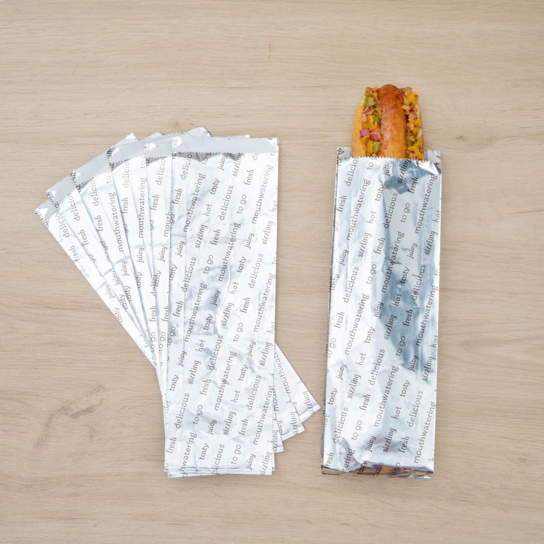 Bag Tek Paper Printed Large Hot Dog Foil Bag - 3 3/4" x 1 1/4" x 12" - 100 count box
