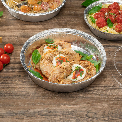 Foil Lux 37 oz Round Aluminum Take Out Pan - Heavy Weight - 9" x 9" x 2" - 100 count box