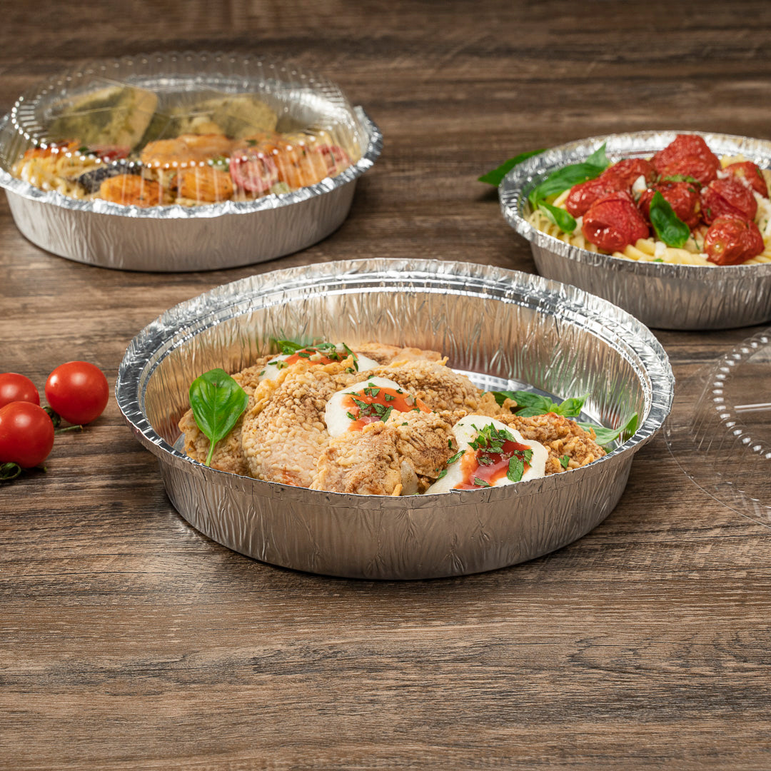Foil Lux 37 oz Round Aluminum Take Out Pan - Heavy Weight - 9" x 9" x 2" - 100 count box
