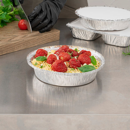 Foil Lux 24 oz Round Aluminum Take Out Pan - Heavy Weight - 7" x 7" x 1 3/4" - 100 count box