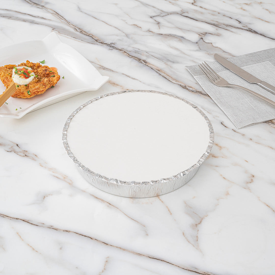 Foil Lux Round White Paper Flat Foil-Laminated Board Lid - Fits 9" Take Out Pan - 100 count box