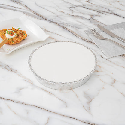 Foil Lux Round White Paper Flat Foil-Laminated Board Lid - Fits 9" Take Out Pan - 100 count box
