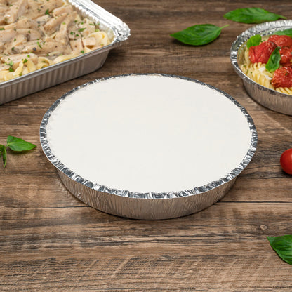 Foil Lux Round White Paper Flat Foil-Laminated Board Lid - Fits 9" Take Out Pan - 100 count box