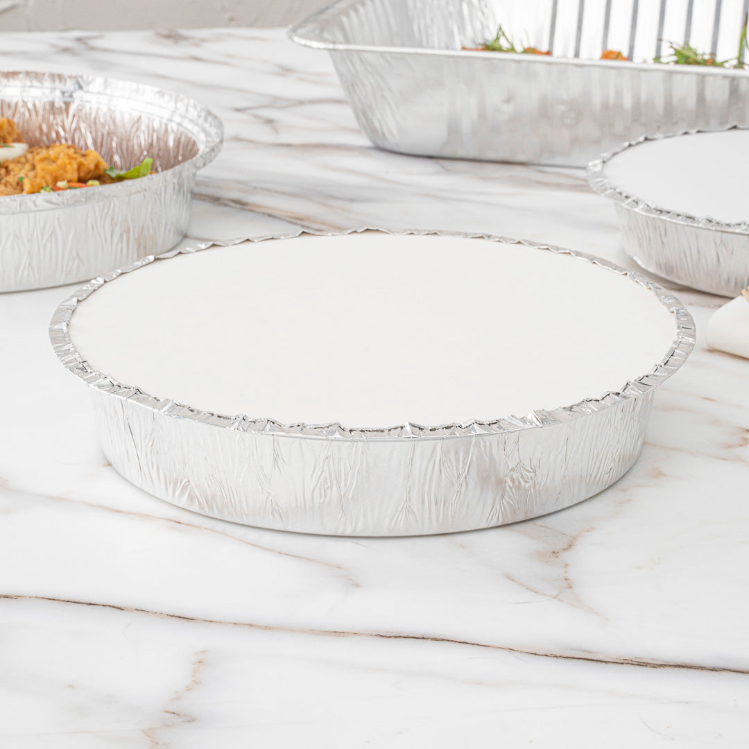 Foil Lux Round White Paper Flat Foil-Laminated Board Lid - Fits 8" Take Out Pan - 100 count box