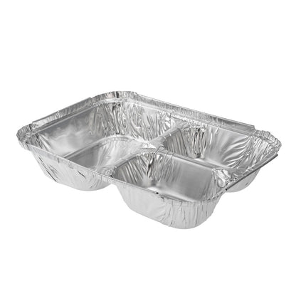 Foil Lux 23 oz Rectangle Silver Aluminum Take Out Tray - 3-Compartment - 8 1/2" x 6 1/2" x 1 3/4" - 100 count box