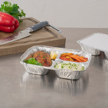 Foil Lux 23 oz Rectangle Silver Aluminum Take Out Tray - 3-Compartment - 8 1/2" x 6 1/2" x 1 3/4" - 100 count box