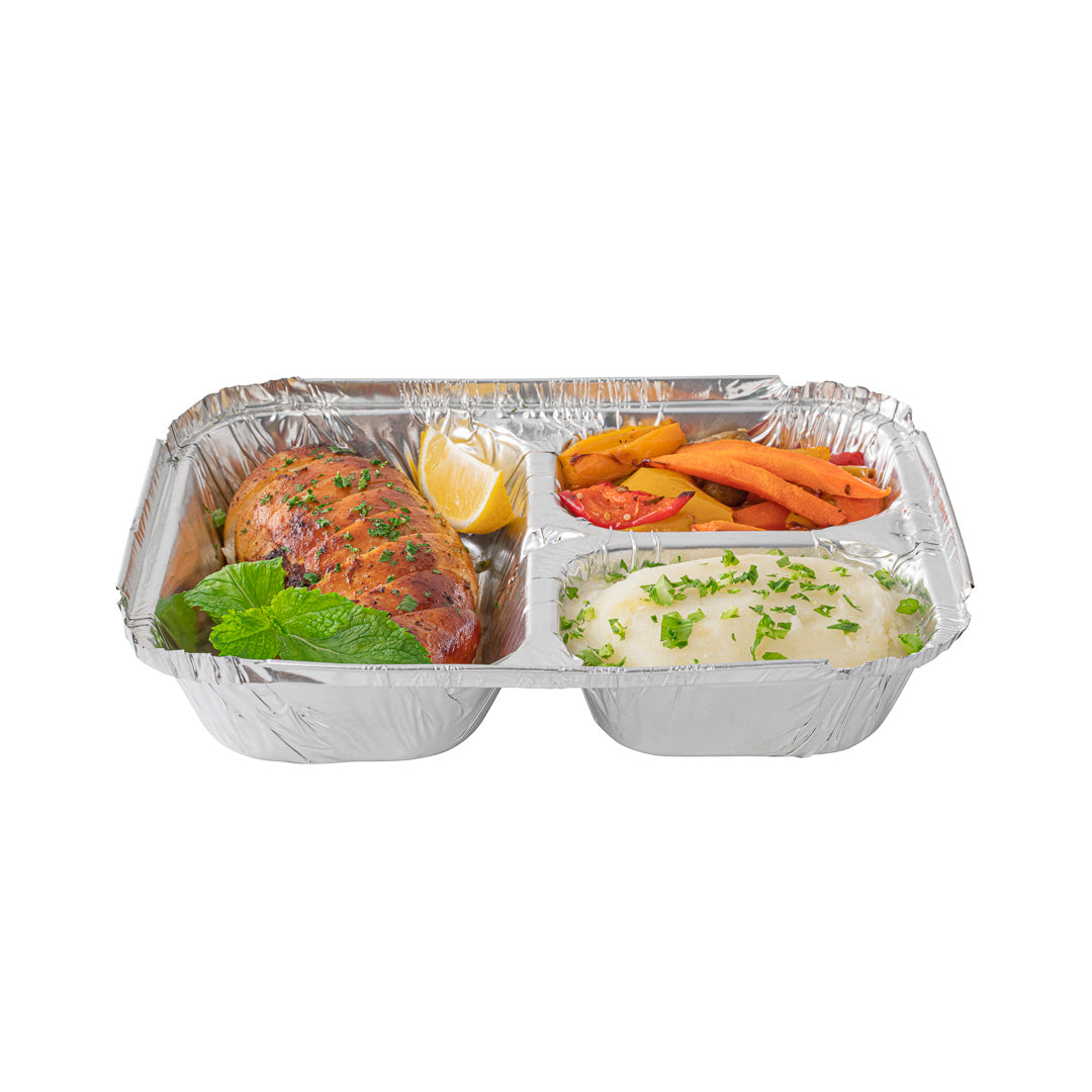 Foil Lux 23 oz Rectangle Silver Aluminum Take Out Tray - 3-Compartment - 8 1/2" x 6 1/2" x 1 3/4" - 100 count box