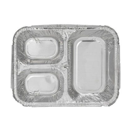Foil Lux 23 oz Rectangle Silver Aluminum Take Out Tray - 3-Compartment - 8 1/2" x 6 1/2" x 1 3/4" - 100 count box