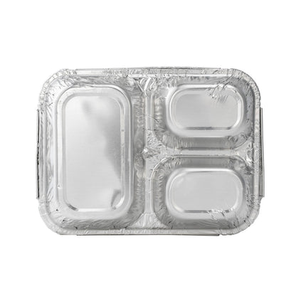 Foil Lux 23 oz Rectangle Silver Aluminum Take Out Tray - 3-Compartment - 8 1/2" x 6 1/2" x 1 3/4" - 100 count box