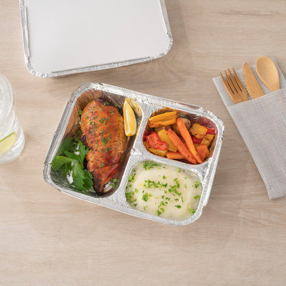 Foil Lux 23 oz Rectangle Silver Aluminum Take Out Tray - 3-Compartment - 8 1/2" x 6 1/2" x 1 3/4" - 100 count box