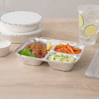 Foil Lux 23 oz Rectangle Silver Aluminum Take Out Tray - 3-Compartment - 8 1/2" x 6 1/2" x 1 3/4" - 100 count box
