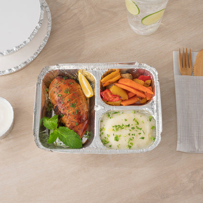 Foil Lux 23 oz Rectangle Silver Aluminum Take Out Tray - 3-Compartment - 8 1/2" x 6 1/2" x 1 3/4" - 100 count box