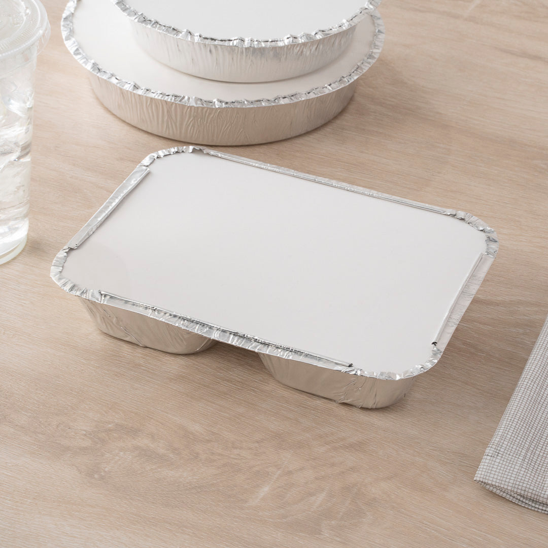 Foil Lux Rectangle White Paper Flat Foil-Laminated Board Lid - Fits 3-Compartment Take Out Tray - 100 count box