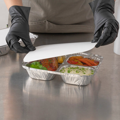 Foil Lux Rectangle White Paper Flat Foil-Laminated Board Lid - Fits 3-Compartment Take Out Tray - 100 count box