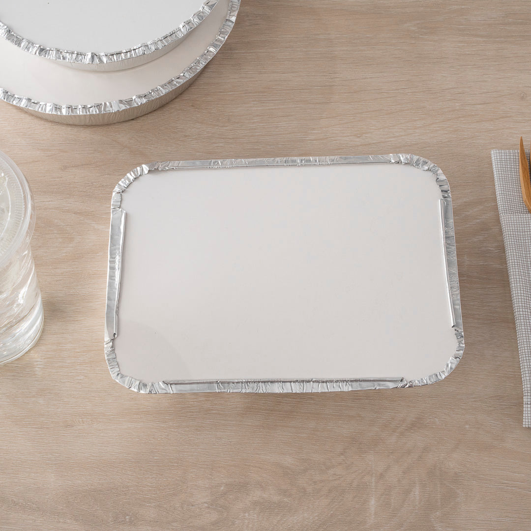 Foil Lux Rectangle White Paper Flat Foil-Laminated Board Lid - Fits 3-Compartment Take Out Tray - 100 count box