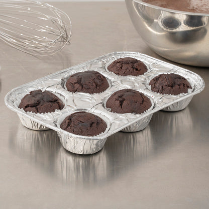 Pastry Tek Silver Aluminum Cupcake / Muffin Pan - 6-Compartment - 9 1/2" x 6 1/2" x 1 1/2" - 25 count box