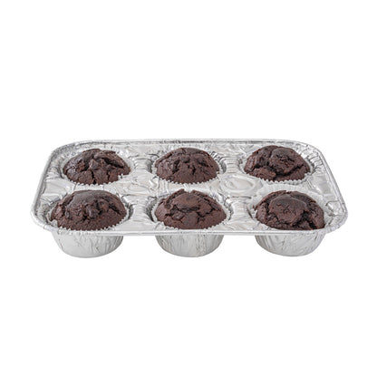 Pastry Tek Silver Aluminum Cupcake / Muffin Pan - 6-Compartment - 9 1/2" x 6 1/2" x 1 1/2" - 25 count box
