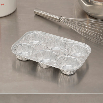Pastry Tek Silver Aluminum Cupcake / Muffin Pan - 6-Compartment - 9 1/2" x 6 1/2" x 1 1/2" - 25 count box