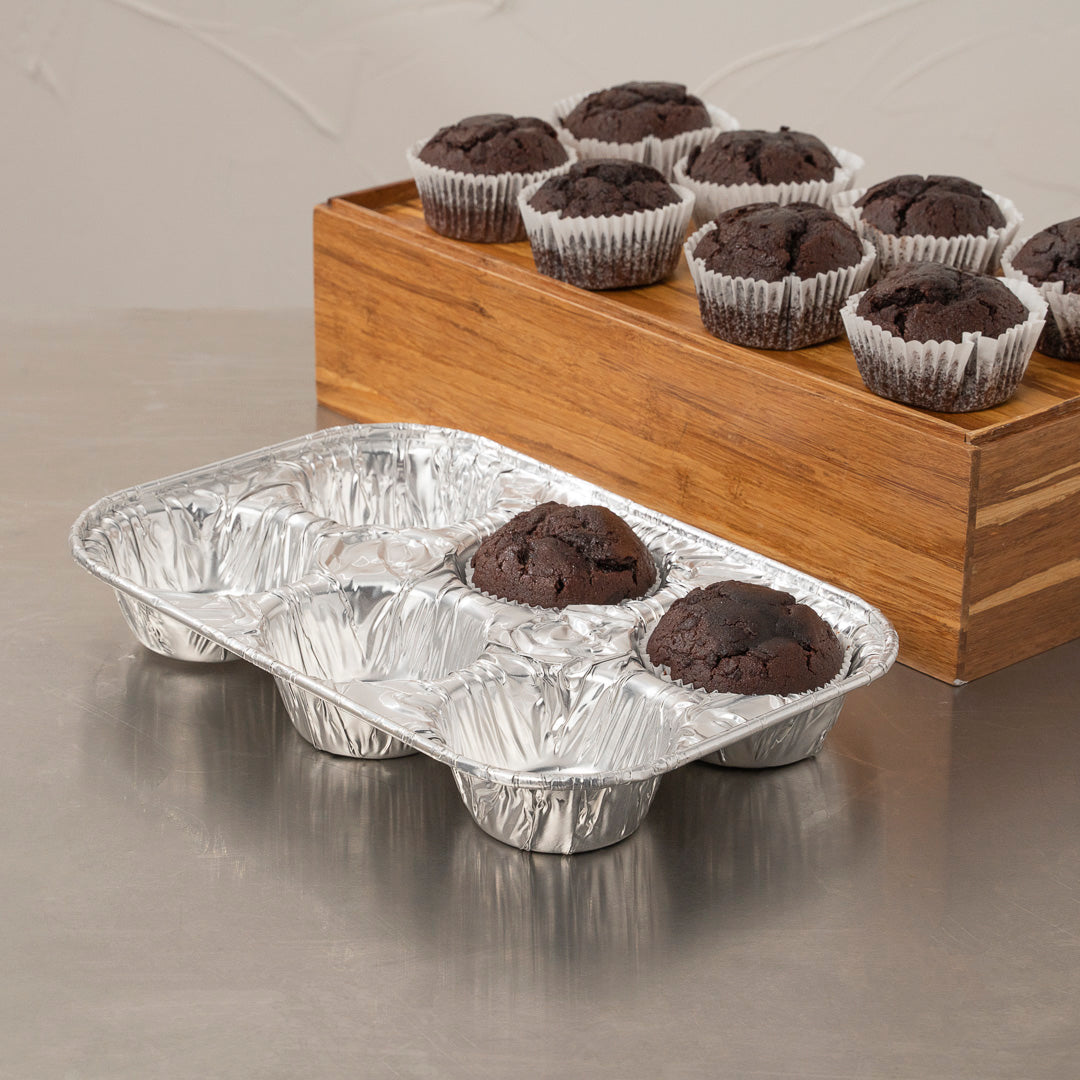 Pastry Tek Silver Aluminum Cupcake / Muffin Pan - 6-Compartment - 9 1/2" x 6 1/2" x 1 1/2" - 25 count box