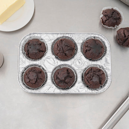 Pastry Tek Silver Aluminum Cupcake / Muffin Pan - 6-Compartment - 9 1/2" x 6 1/2" x 1 1/2" - 25 count box