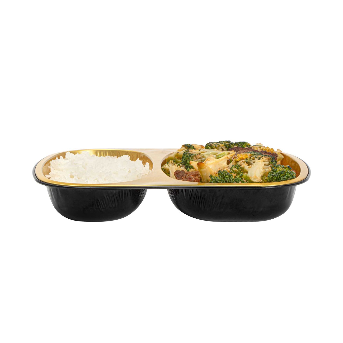 Foil Lux 28 oz Rectangle Black and Gold Aluminum Container - 2-Compartment - 9" x 7" x 1 1/2" - 100 count box