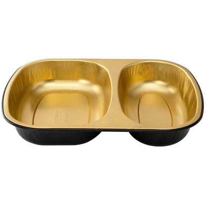 Foil Lux 28 oz Rectangle Black and Gold Aluminum Container - 2-Compartment - 9" x 7" x 1 1/2" - 100 count box