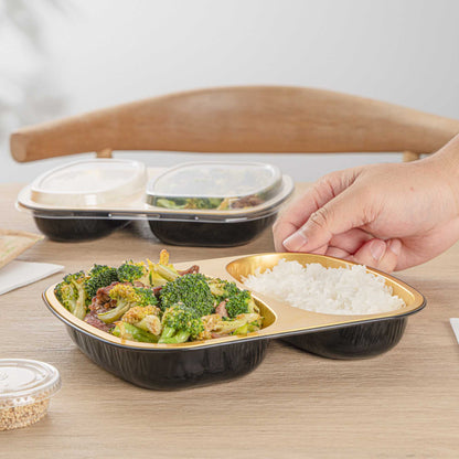 Foil Lux 28 oz Rectangle Black and Gold Aluminum Container - 2-Compartment - 9" x 7" x 1 1/2" - 100 count box
