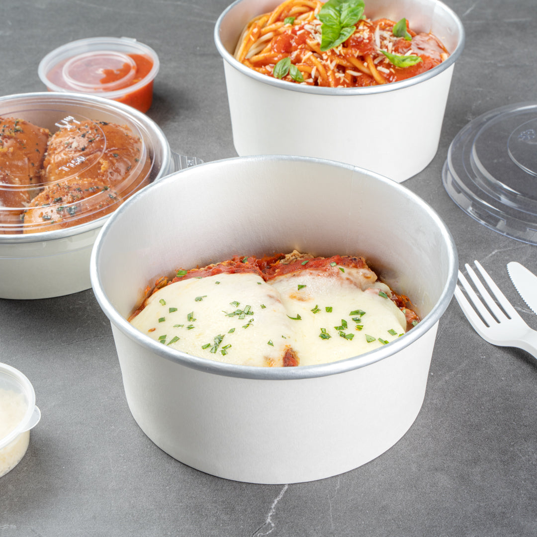 Foil Lux 42 oz White Paper Take Out Container - with Foil Interior - 6 1/2" x 6 1/2" x 3" - 200 count box