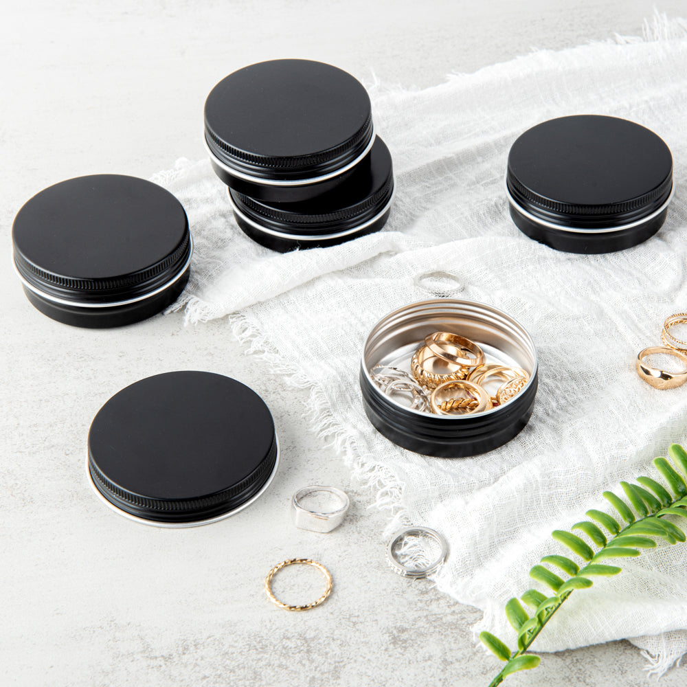 Chef 101 2 oz Round Black Tin Container - with Screw Lid - 10 count box