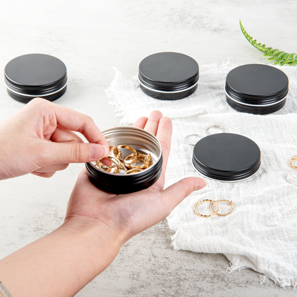 Chef 101 2 oz Round Black Tin Container - with Screw Lid - 10 count box