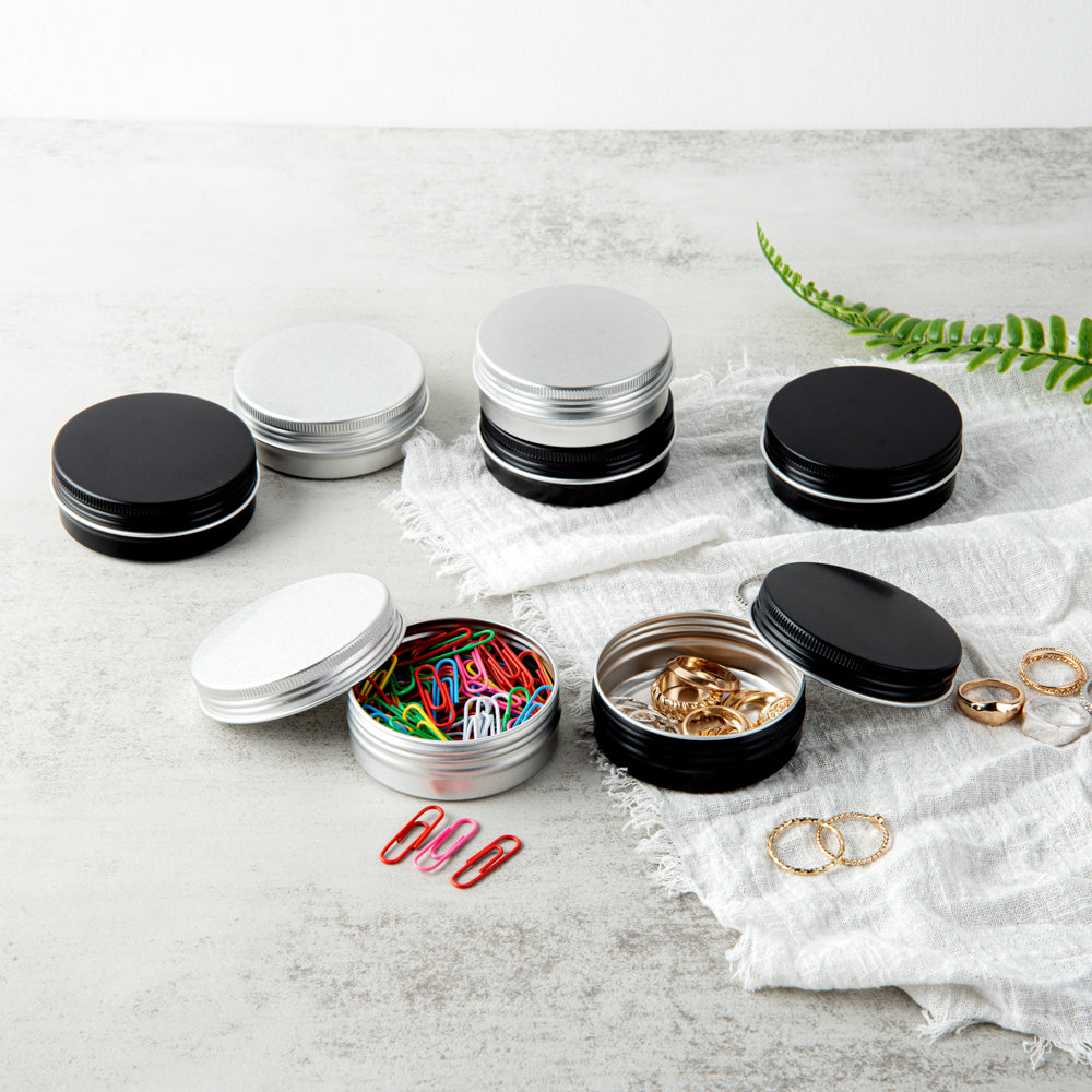 Chef 101 2 oz Round Black Tin Container - with Screw Lid - 100 count box