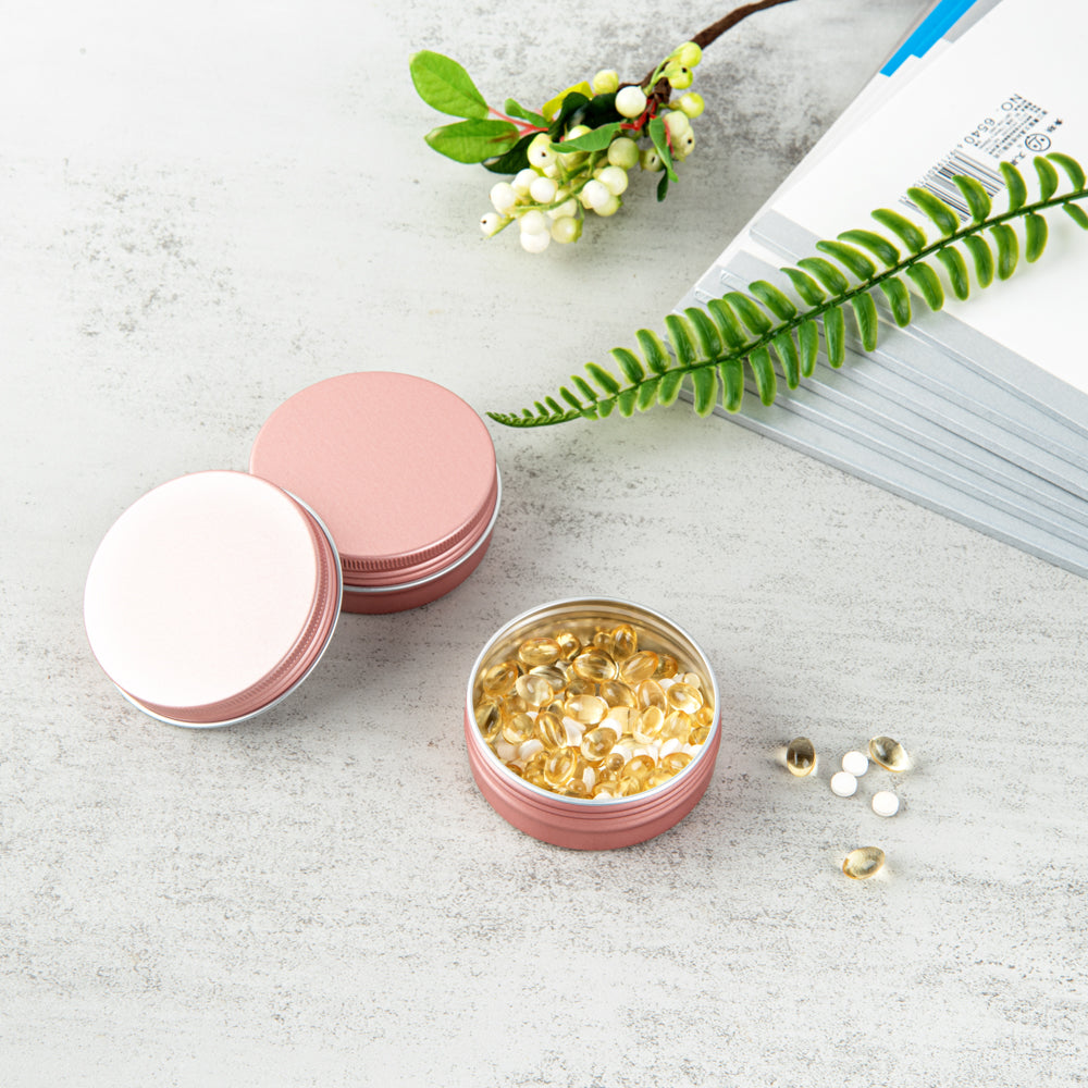 Chef 101 2 oz Round Rose Gold Tin Container - with Screw Lid - 10 count box