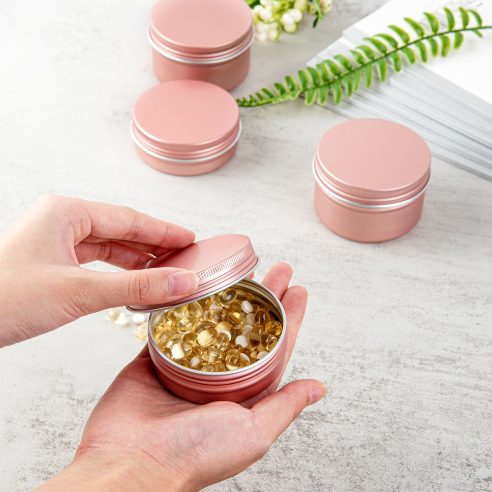 Chef 101 2 oz Round Rose Gold Tin Container - with Screw Lid - 10 count box