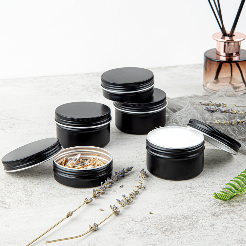 Chef 101 4 oz Round Black Tin Container - with Screw Lid - 10 count box