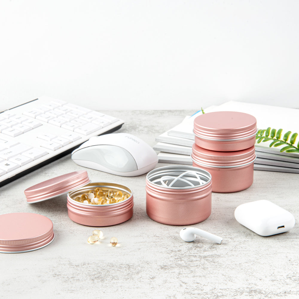 Chef 101 4 oz Round Rose Gold Tin Container - with Screw Lid - 10 count box