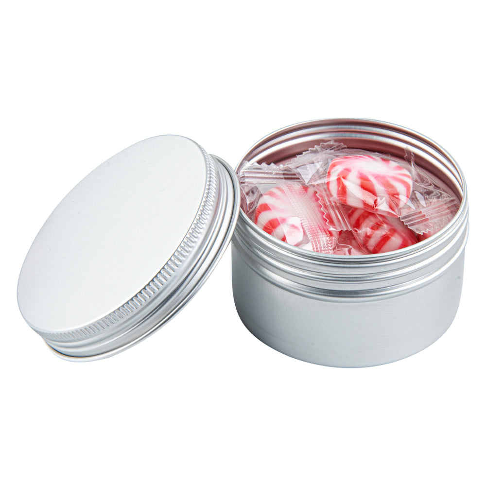 Chef 101 4 oz Round Silver Tin Container - with Screw Lid - 10 count box