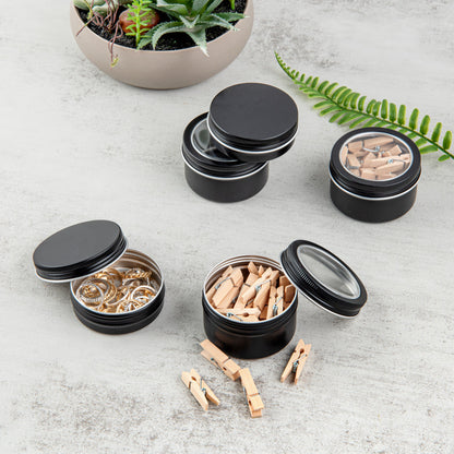 Chef 101 4 oz Round Black Tin Container - with Window Lid - 10 count box