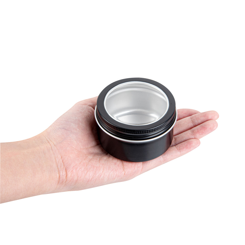 Chef 101 4 oz Round Black Tin Container - with Window Lid - 100 count box