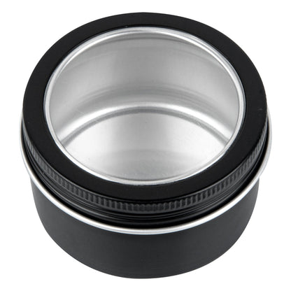Chef 101 4 oz Round Black Tin Container - with Window Lid - 100 count box